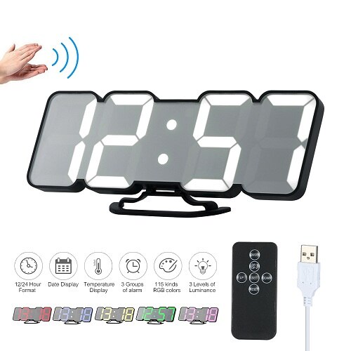3D Wireless Remote Digital Alarm Clock USB Powered Temperature/Date Display RGB LED 3-Level Brightness Sound Control Wall Clock: black