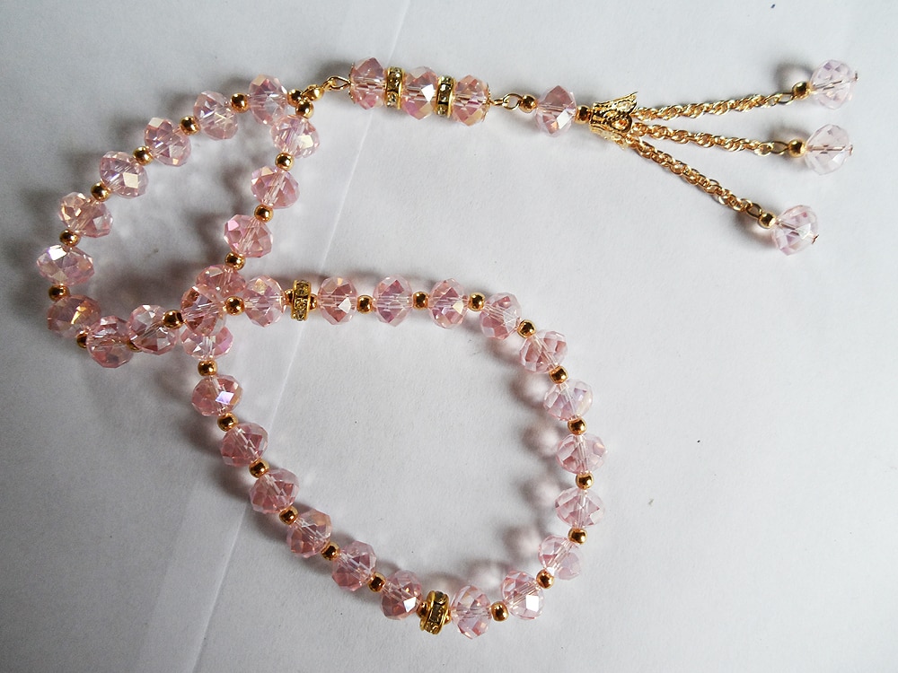 A buon mercato whole-vendita di colore rosa di cristallo Musulmano braccialetto del rosario, braccialetto 2 strato di religioso Musulmano tasbih preghiera borda il braccialetto per i regali di nozze