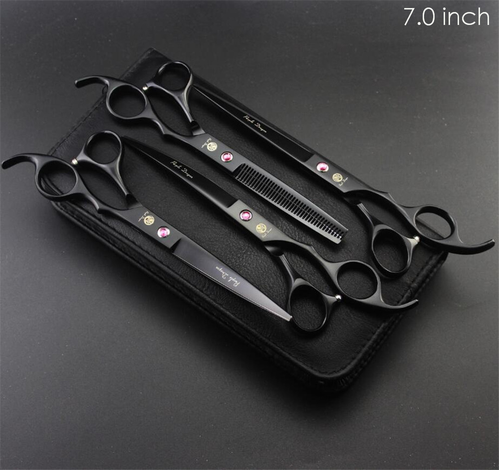 4pcs/set Pet Grooming Scissors Set 7 inch 8 inch Straight+ Curved +Thinning Shears Sharp Edge Hair Cutting Scissors: 7 inch Black