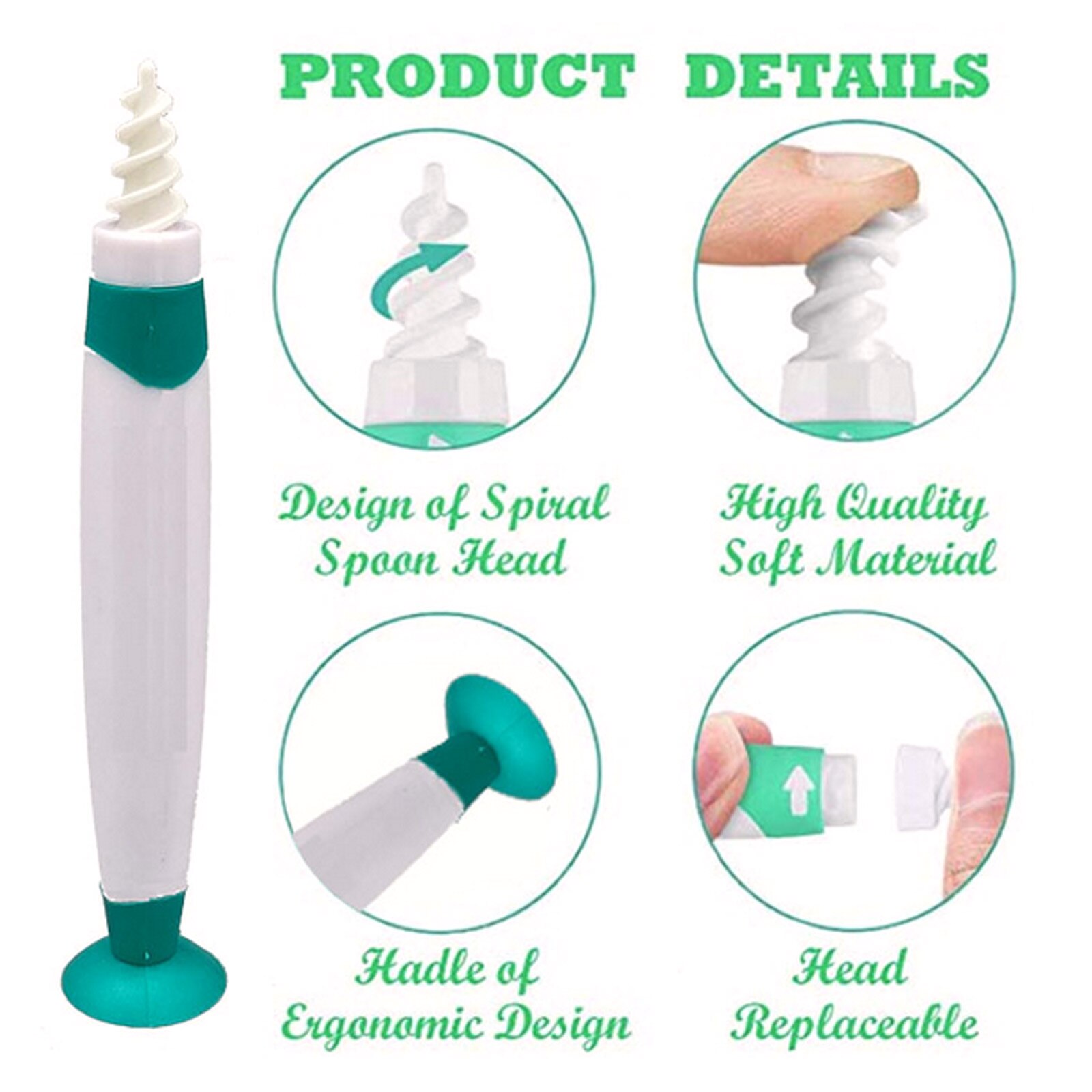 Earpick Spiral Ear Wax Earwax Remover Cleaner with Suction Cup Handle and Soft Replacement Heads for Home Ear Care Supplies