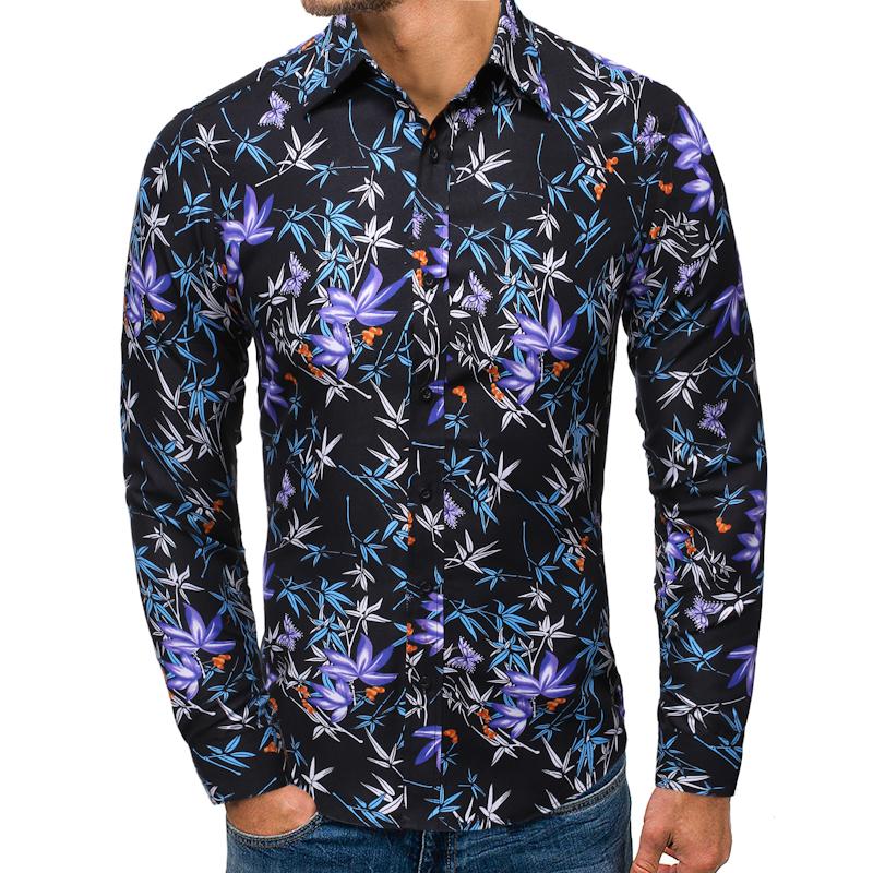 Lange mouwen heren hawaiiaans casual bloemen overhemd voor mannen blouse plus size vrijetijdskleding zwart bruin: Zwart 1513-cs64-p23 / Xl