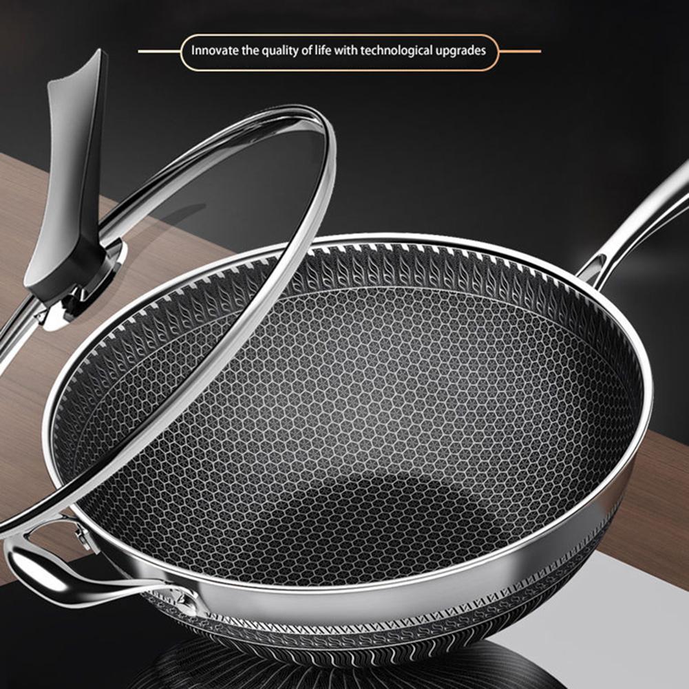 Nonstick Frying Pan Stainless Steel Wok Honeycomb Frying Pan with Glass Lid Saute Pan Kitchen Cookware