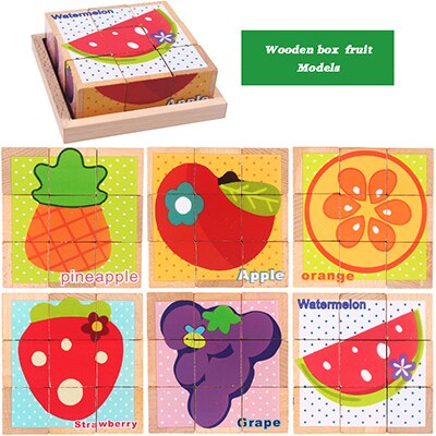 9pcs 6 lato giocattolo Del Bambino 3D Del Fumetto di Legno Tagliere blocco blocco blocco di cubi di Legno di Frutta Animale Traffico giocattoli Educativi per regalo dei bambini: Fruit