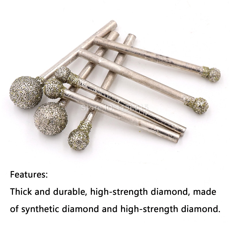 1x 3mm skaft korn 60 sfærisk diamant polering slibehoved monteret spidser dremel roterende nål rund hjul granit bor