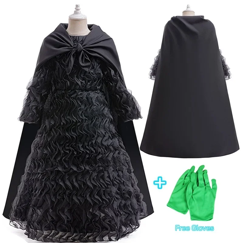 Malvado elphaba traje de halloween bruxa cosplay preto babados vestido manto luvas chapéu pontiagudo vestido da menina