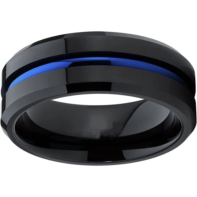 8mm spår män ring blå spår svart kant rostfritt stål ring charm herr bröllopssmycken