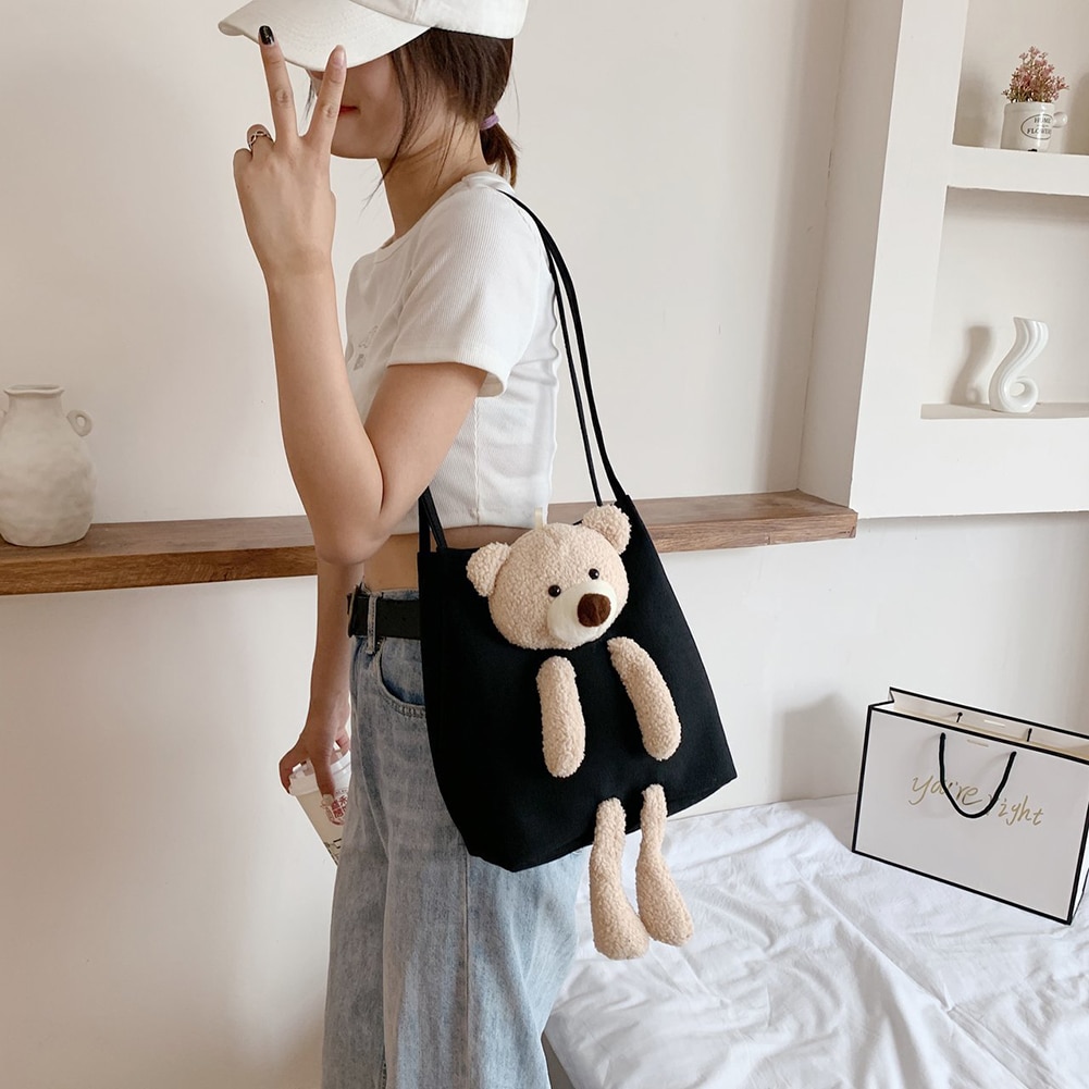 Canvas dames handtas schattige cartoon beer vrouwelijke schoudertas dagelijks winkelen reizen casual tassen portemonnee