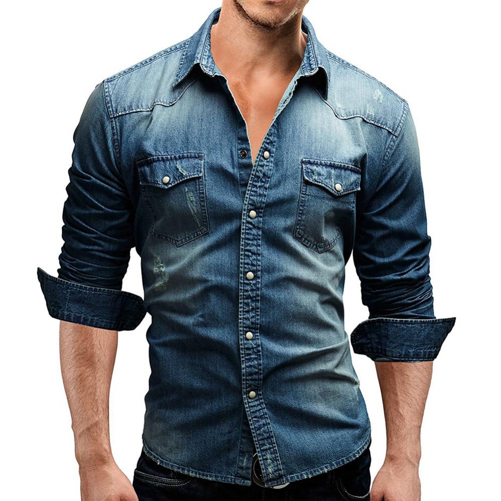 Chemise à manches longues pour hommes, Streetwear décontracté, , Hipster, col à revers, Denim