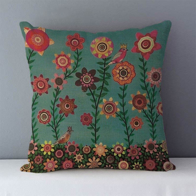 Värilliset puut kukkaprintti pastoraalinen sohva selkänojan tyyny kodin koristetyynyt suosittuja kasveja tyynyliina 45 x 45cm tyynyä