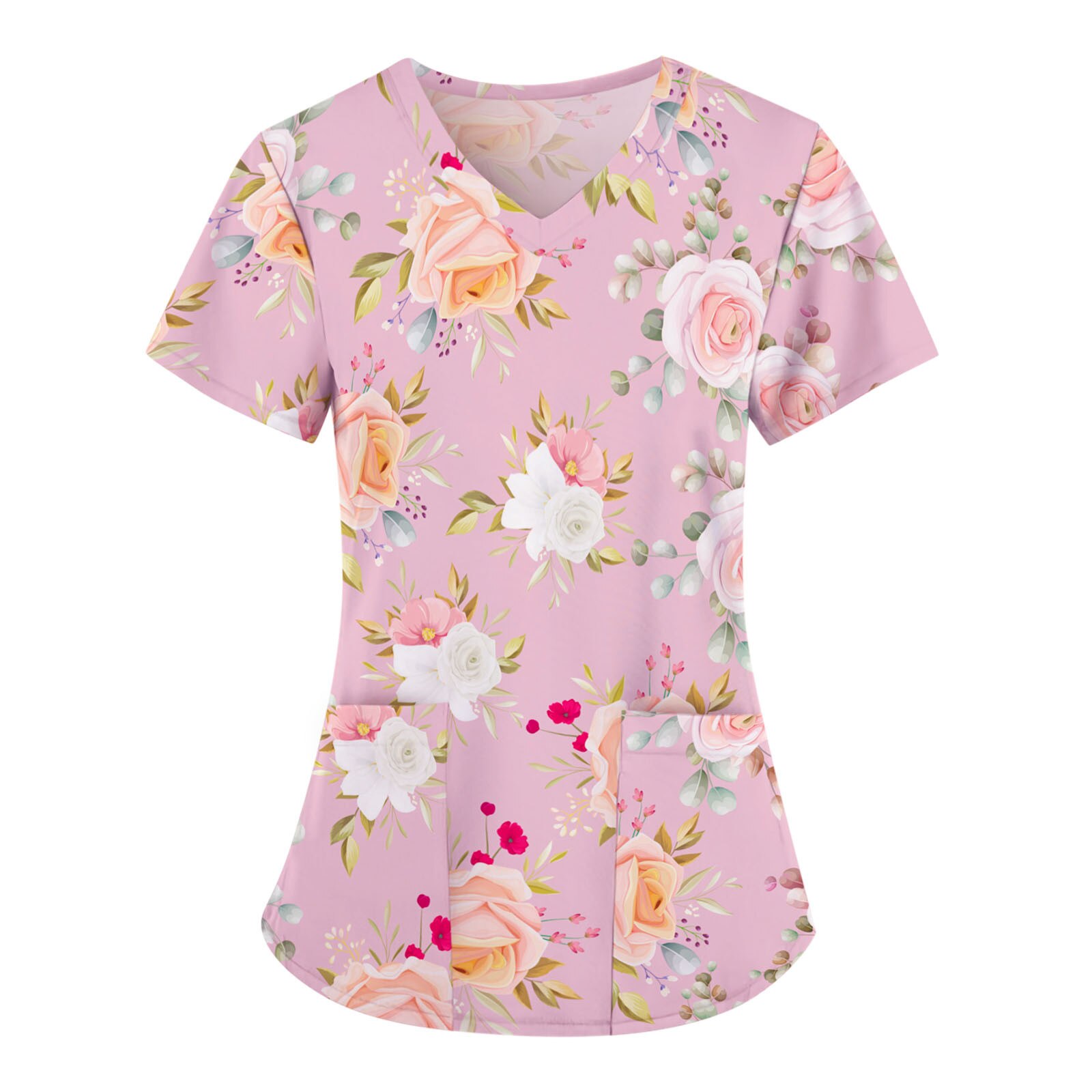 Vrouwen Blouse Korte Mouw V-hals Bloemen Patroon Femme Tops Kliniek Kleding Met Pocket Verpleging Werken Uniform Shirts: Roze / S