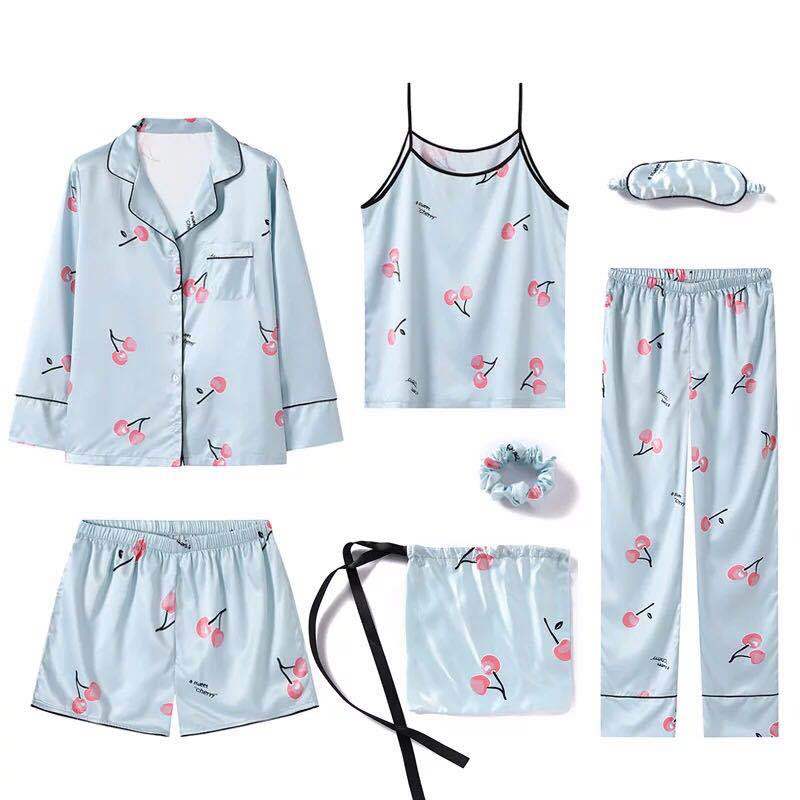 Summer Autumn Winter 7 Pieces Set Cotton Women Pajamas Full Shorts Long Sleeve Top Elastic Waist Pants Silk Lounge Robe