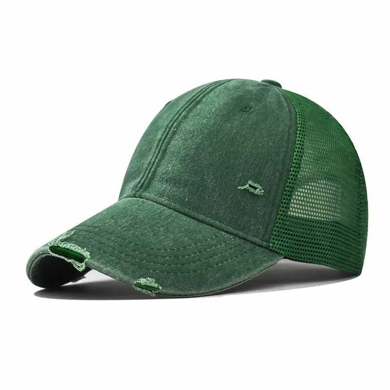 Gorra de béisbol lavada de malla de algodón transpirable para hombre y mujer, gorra de tabla ligera rasgada antigua, sombrero Vintage de primavera y verano: Blanco