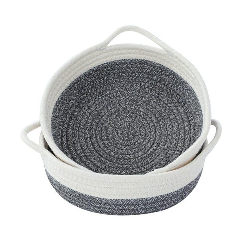 Paquete de 2 cestas de cuerda de algodón, canasta de almacenamiento tejida pequeña, bandeja de tela, tazón, plato abierto redondo para frutas, joyería, llaves: White   Dark Grey