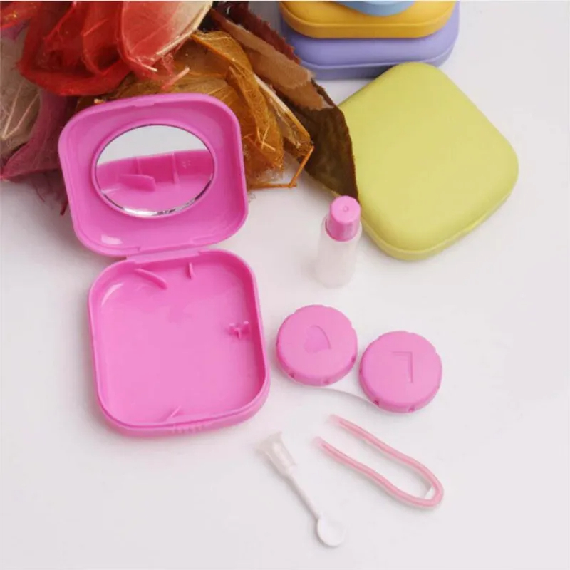 1 Stück quadratischer Mini-Kontaktlinsenbehälter mit Spiegel für Frauen, bunte Linsenbox, Augenbehälter, schöne Reise-Sets