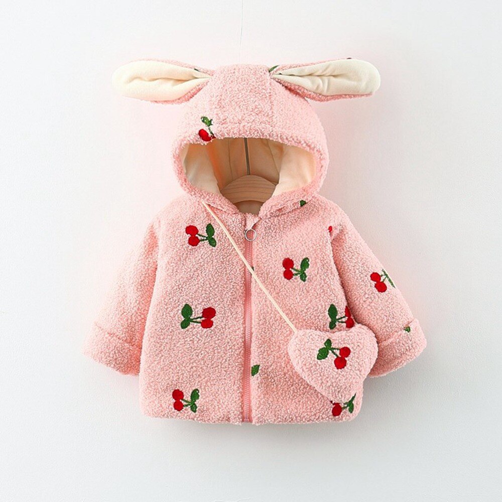Winter Girls Kids Coat Warm Cherry Velvet Fleece Jacket Children Baby Infants Ear Hooded Thicken Outwear Casaco+Bag S11350