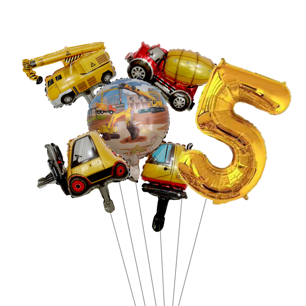 6pcs Mini Carton Vehicle Balloon with 32inch Gold Number Balloon Set for Boy's Construction Themed Birthday Party Decorations: Marble