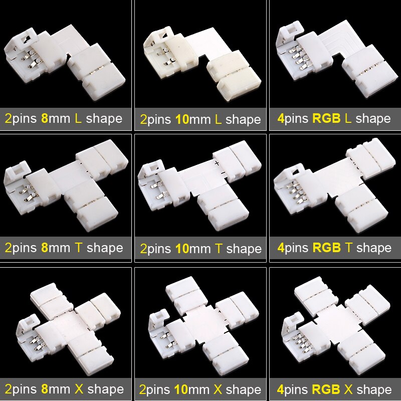 5 pcs 2 pin/4 pin L/T/X Shape LED Strip Light Connector Corner Right Angle 8mm/10mm 5050/3528 SMD Solderless LED Ribbon Adapter