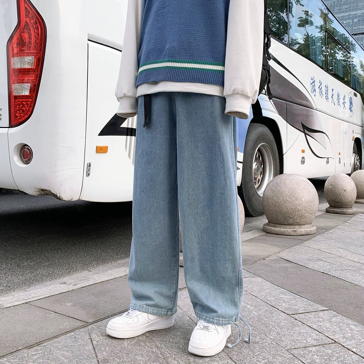 Men Jeans Ankle-length Bandage Fashionable Loose Leisure Korean Style Solid Wide Leg Ins Plus Size S-3XL Students Chic