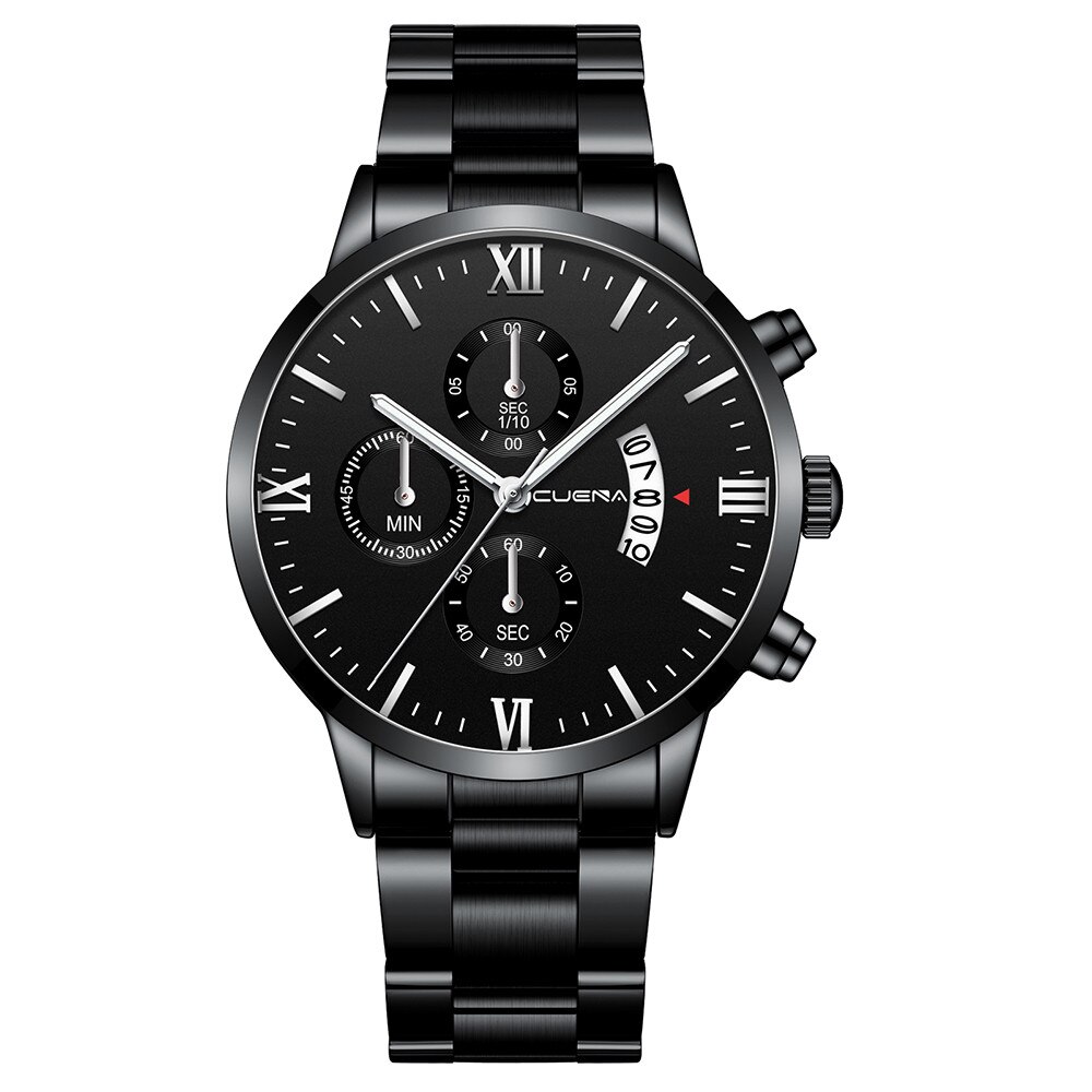 Cuena-reloj con correa de acero para hombre y mujer, cronógrafo de cuarzo con tres ojos, calendario de seis piezas,: F