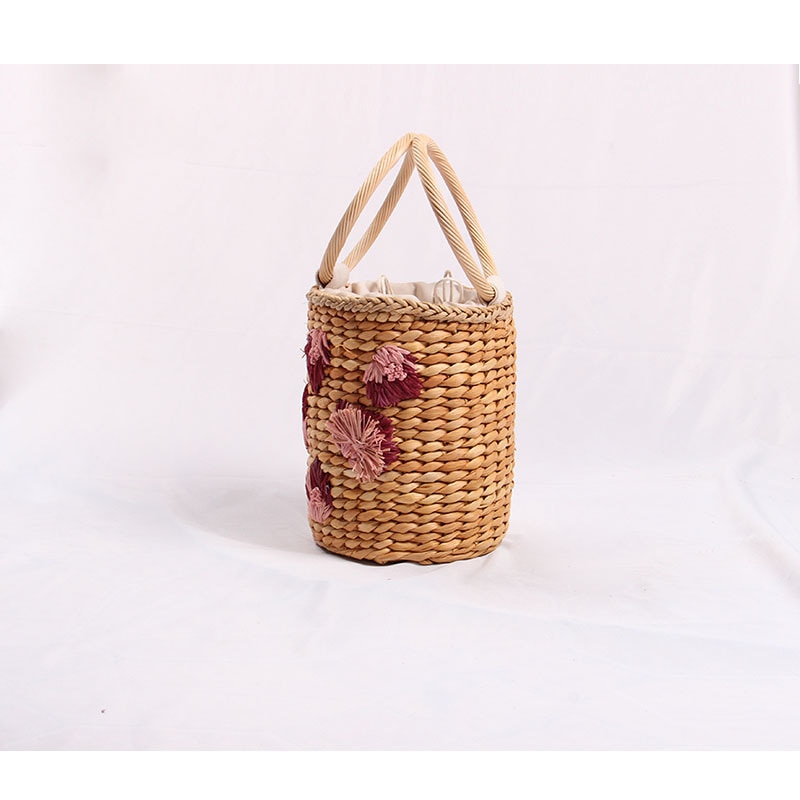 three-dimensional flower hand-held straw woven bag lovely bucket hand woven bag women's Beach handbags
