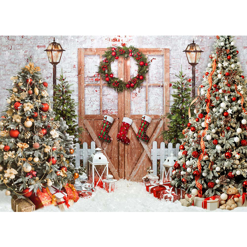 Christmas Background for Photography Snow Toys Rustic Door Winter Family Party Backdrops Decor Portrait Photo Studio Props