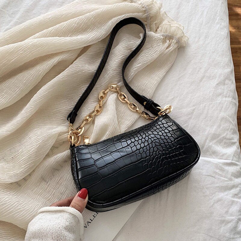 Krokodille mønster baguette tasker mini pu læder skuldertasker til kvinder kæde luksus håndtaske kvindelige rejser: Sort