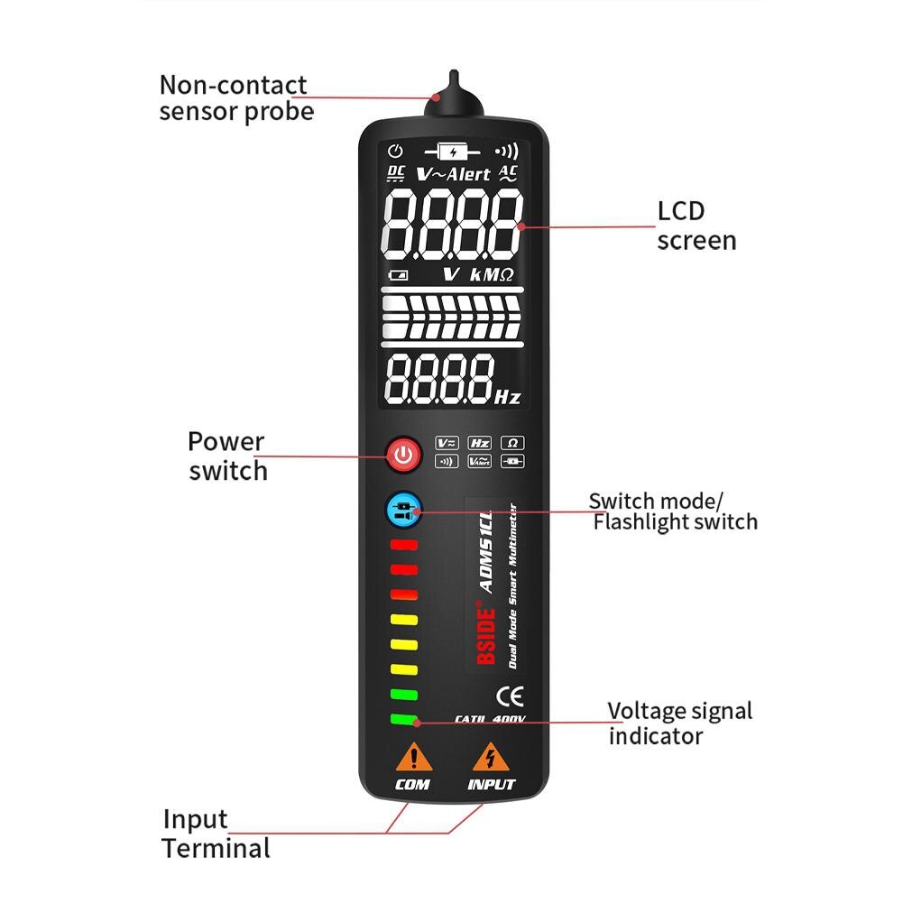 Multímetro Digital HiMISS 3 en 1, probador Detector de voltaje BSIDE ADMS1, multímetro voltímetro DC AC DMM Ohm Hz, prueba de continuidad NCV