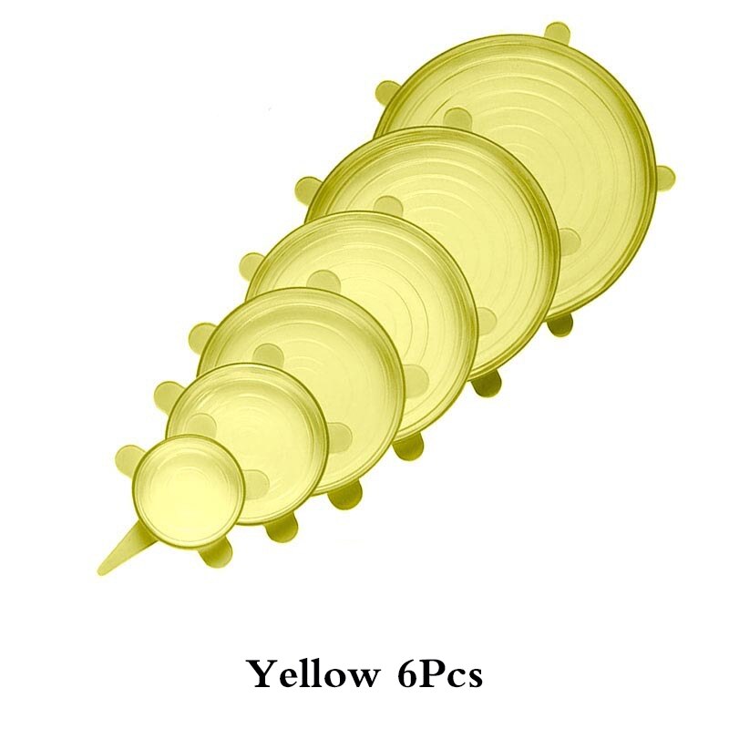 6PCS Silicone Cover Reusable Silicone Stretch Lids Adaptable Food Cap Universal Dish Airtight Lid Wrap Cover Kitchen Accessories: Round-Yellow