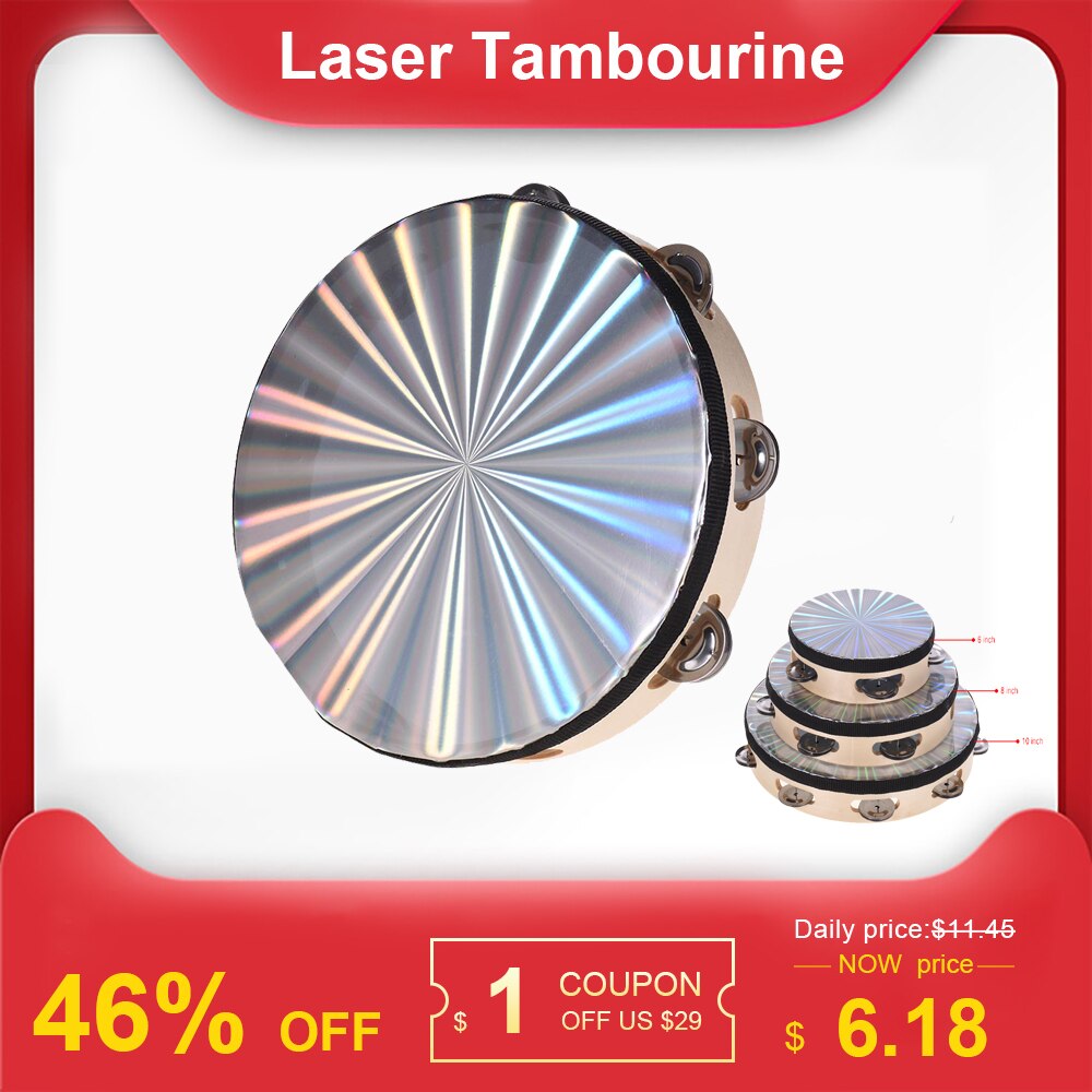 6/ 8/ 10 Inch Holz Radiant Tamburin Handbell Hand Trommel mit Einreihige Jingles Reflektierende Trommel Kopf Percussion instrument