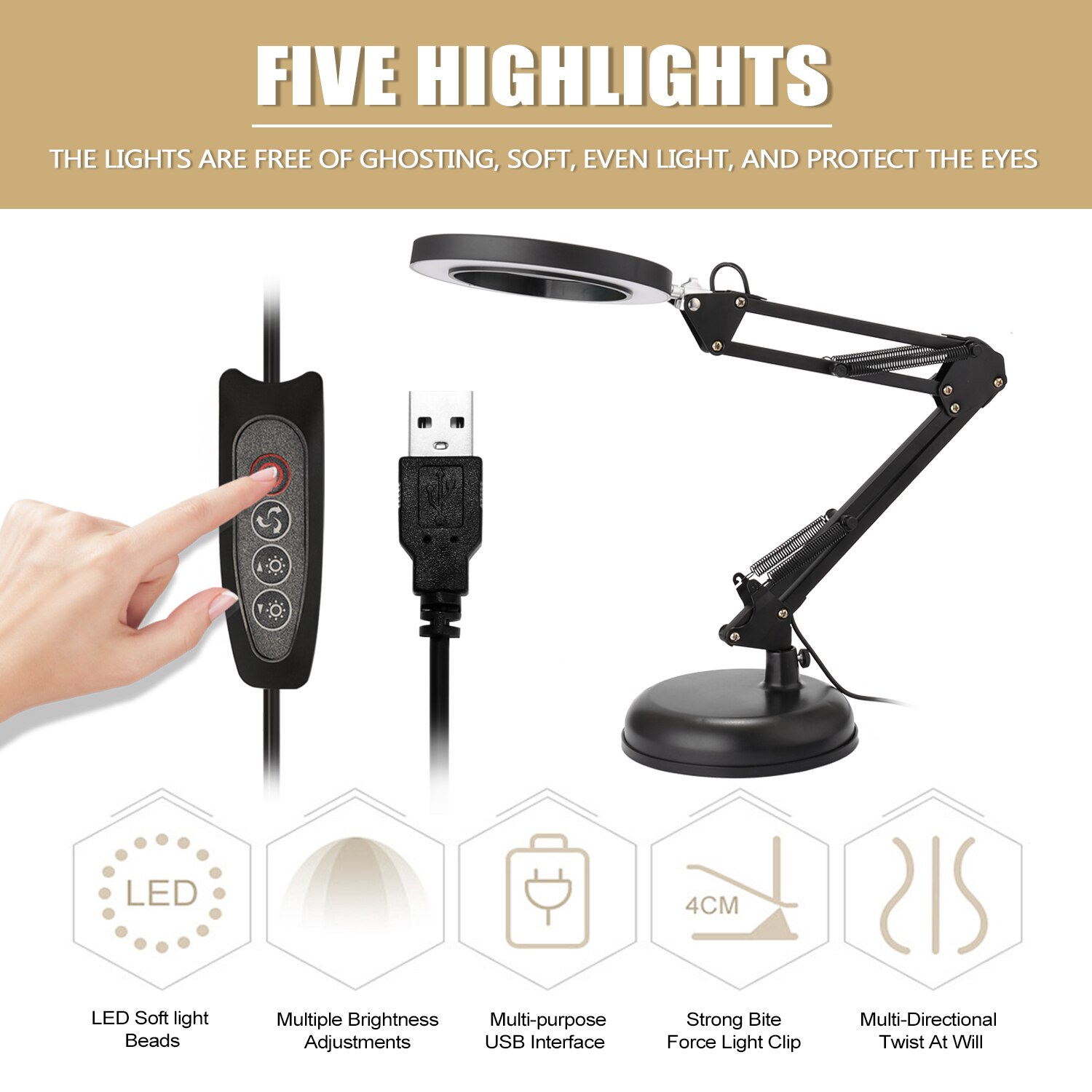Lighting Magnifier 5X Magnifying Glass Desk Lamp Magnifier LED Light Foldable Reading Lamp Magnifier USB Power Supply