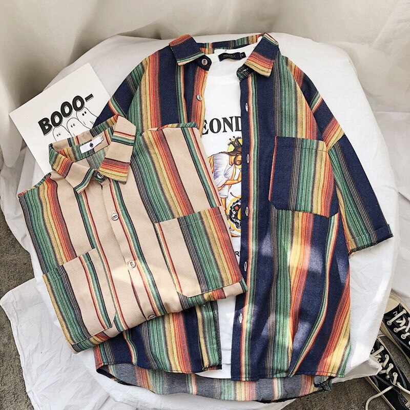 Sommer stribet skjorte herre kontrastfarve afslappet kortærmet skjorte herre streetwear vild løs kjole skjorter herre s -2xl