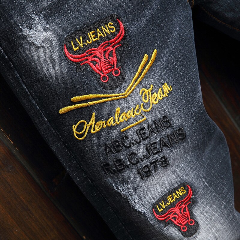 Mannen Geborduurde Jeans, , Trends, Mannen Geborduurde Jeans, Mannen Stretch Jeans, broek, Plus Letters
