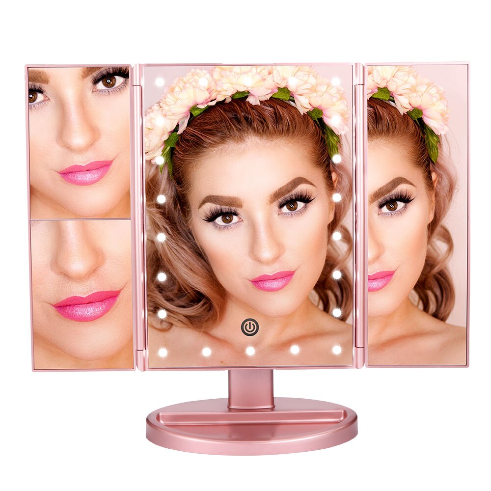 22 LED Makeup Mirror Touch Screen Mirror Lady's Home Desktop Three Sided Folding Mirror Night Light Definition Cosmetic Mirror