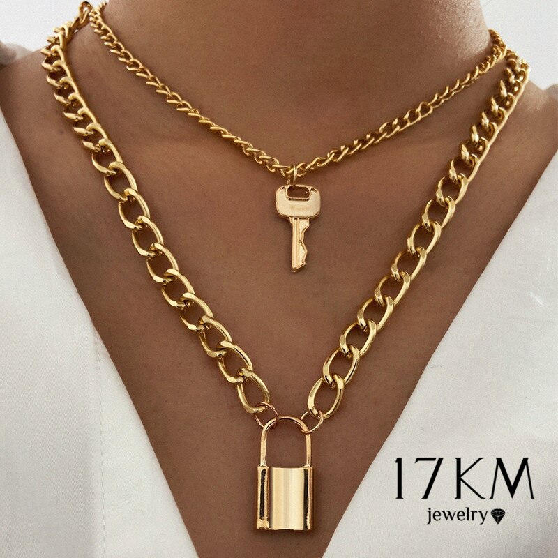 Trendy Key Lock Pendant Necklace For Women Men Punk Big Chunky Chain Multilayed Lock Pendant Necklaces Jewelry Party