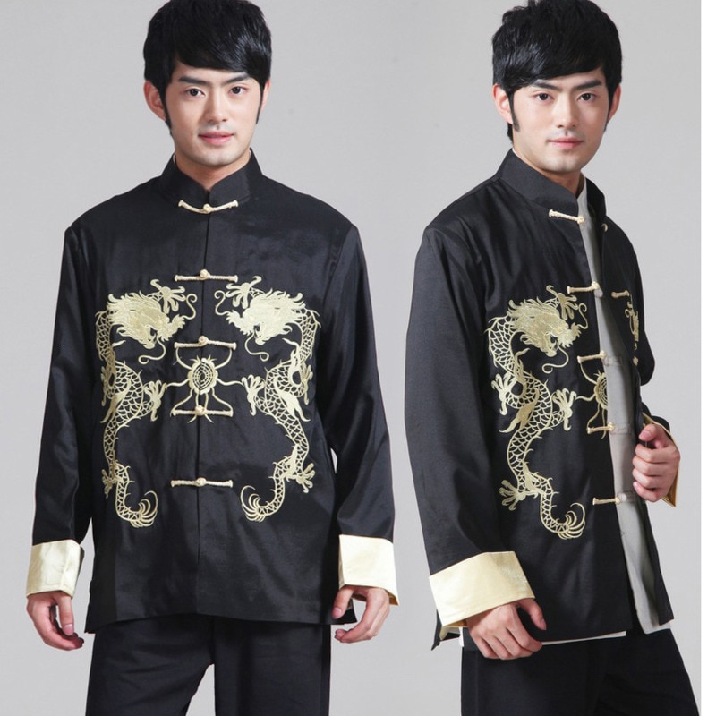 Traditionelle Chinesische Kleidung Für Herren Lange Hülse Seetang-anzug Stickerei Drachen Jacke Spitzen Neue Jahr Shirt oben Kung Fu Kleidung