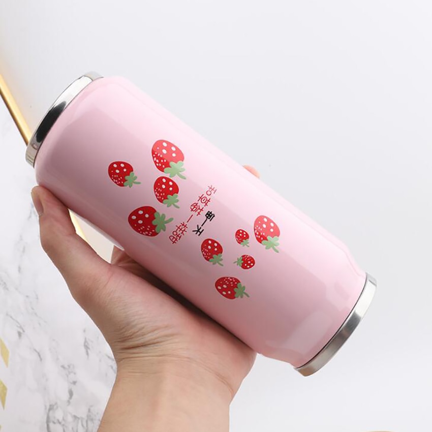 Mignon fraise Girly isolé bouteille d'eau en acier inoxydable Portable large bouche peut tasse d'eau, 500ml, bouteille Thermos de voyage bouteille isotherme