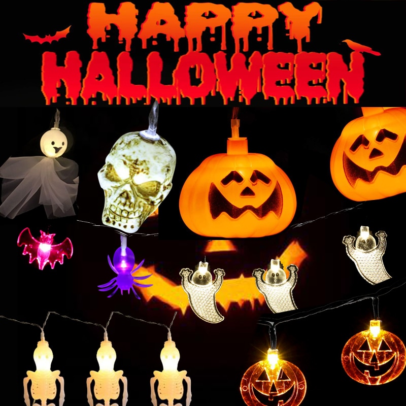 Halloween lichtsnoer met 10/20 led-lampjes, een lichtsnoer met led-lampjes, een pompoen, een skelet, een bot, een spook, een vleermuis en een spin.