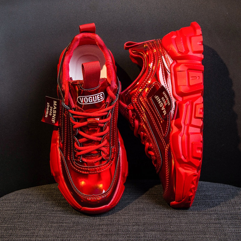 Våren kvinner plattform chunky joggesko sølv skinn designere snøring casual gammel far sko kvinne komfortable trenere: Rød / 38