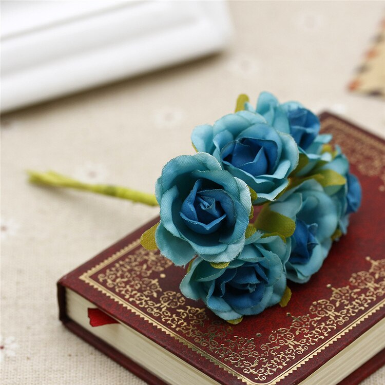 Buquê de flores artificiais 6 peças, mini rosas, para casamento, decoração para casa, para scrapbooking, artesanato faça você mesmo, caixa de doces, decoração de presente: Azul