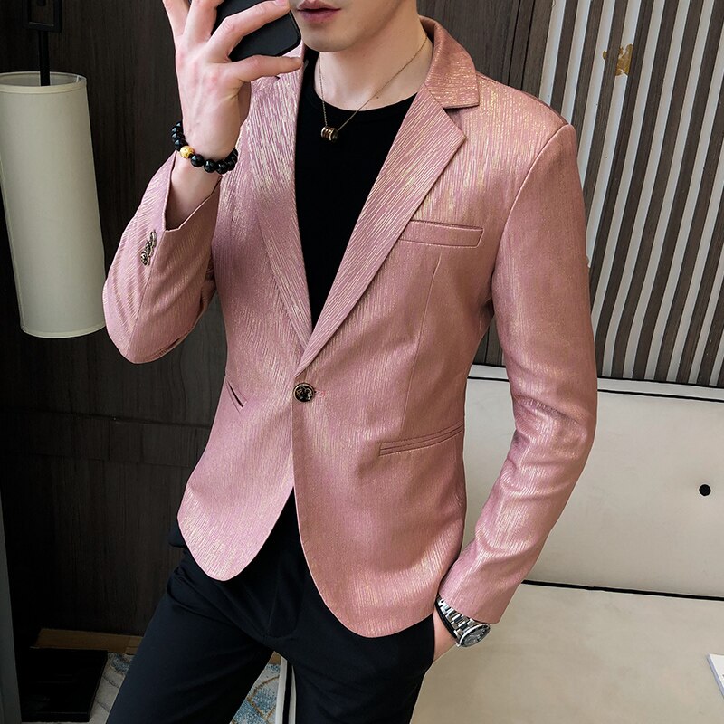 men's Blazer Casual Slim Fit Shiny Grain Prom Dress blazers Male Korean Style Solid Suit Jacket Youth Clothes: pink / AsianXL(55-60kg)