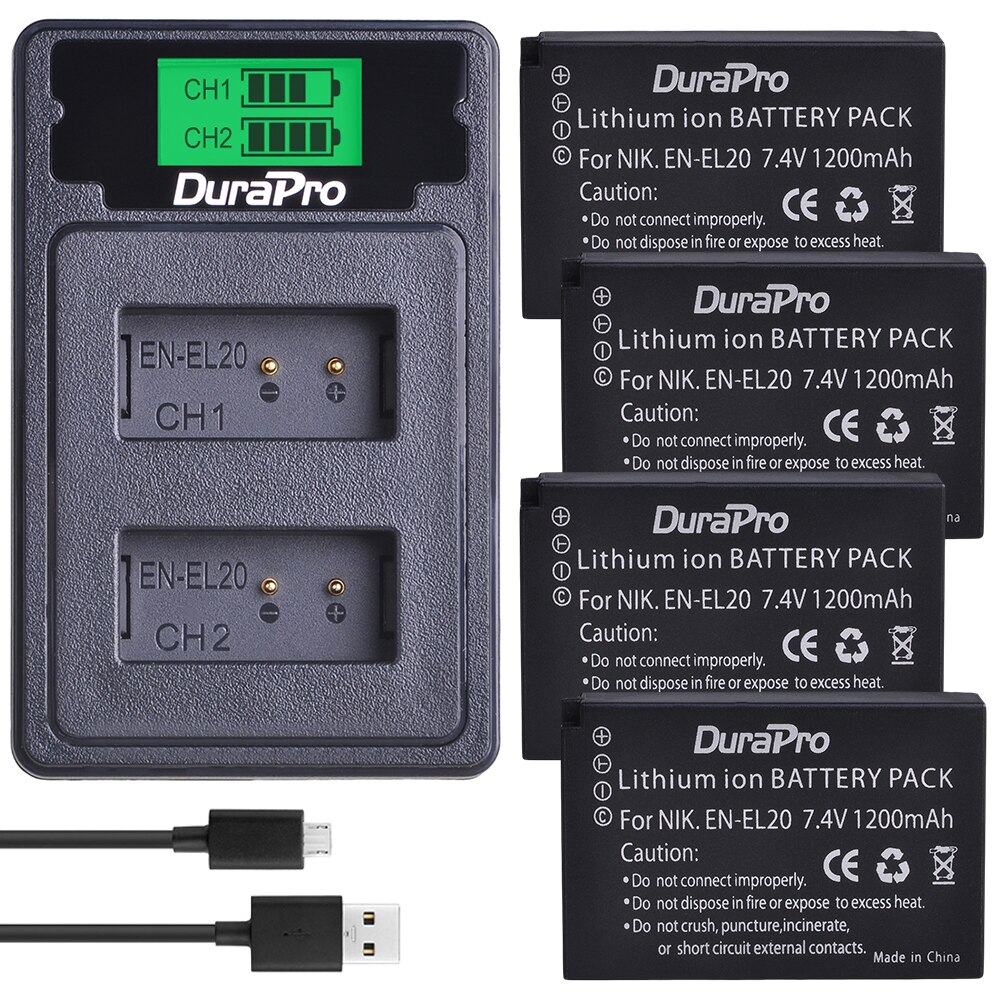 No -el20 en-el20a batteri + lcd dobbel lader for nikon coolpix  p1000, 1 j1, 1 j2, 1 j3, 1 s1, 1 v3,  coolpix a, coolpix  a 1: 4 batterier 1 lader