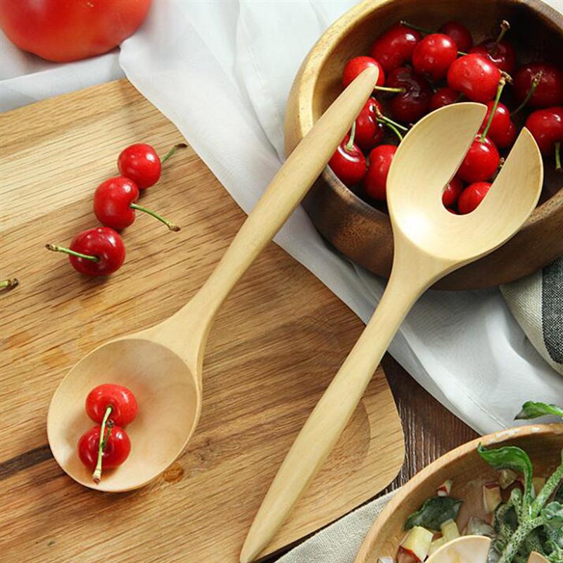 2pcs Salad Spoon Fork Round Wood Spoon and Fork Cutlery Set Salad Serving Spoon Set Kitchen Utensils Soup Spoon Ladle Tableware