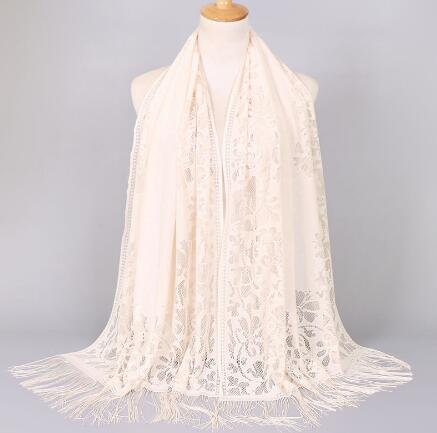 Women Cotton Polyester Floral Lace Scarf Shawl Tassels Party Wedding Lace Veil India Arab Muslim Hijabs Scarves: color 2 beige