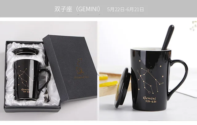 Con caja de , tazas de cerámica de 12 constelaciones, tapa de cuchara, porcelana negra y dorada, taza de café con leche del zodiaco, agua de 400ML: Multicolor