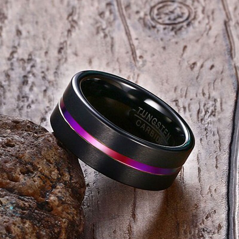 8MM Nero Carburo di Tungsteno Anelli Maschile Femminile Anniversary Wedding Band Scanalato con Colori Arcobaleno Gay Anello