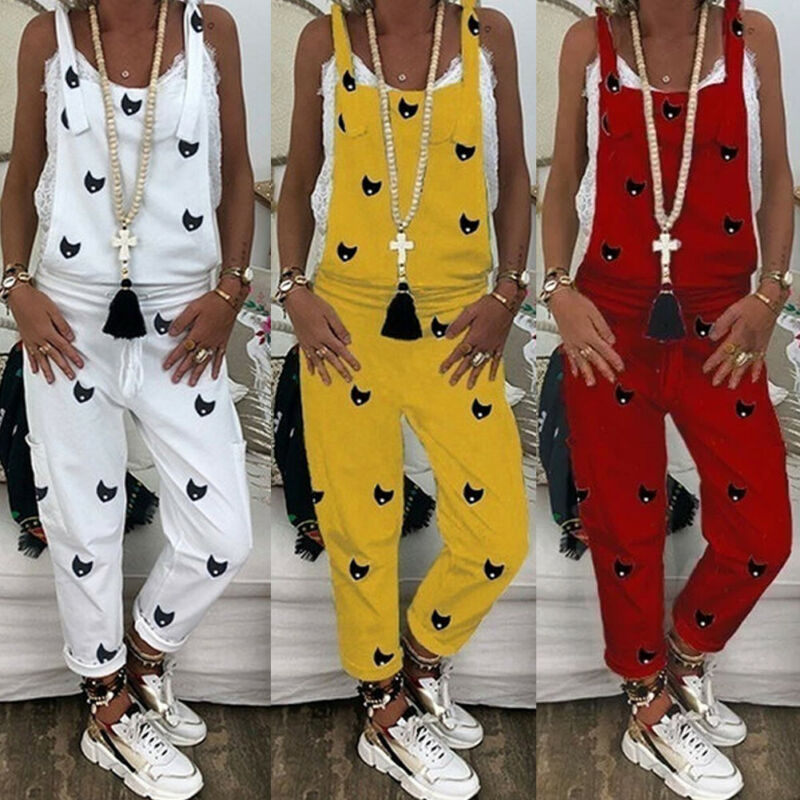 3 farver seneste ankomne kvinders afslappet printet strappy baggy løs jumpsuit kvindelig sommer ærmeløs harem lang playsuit s -2xl
