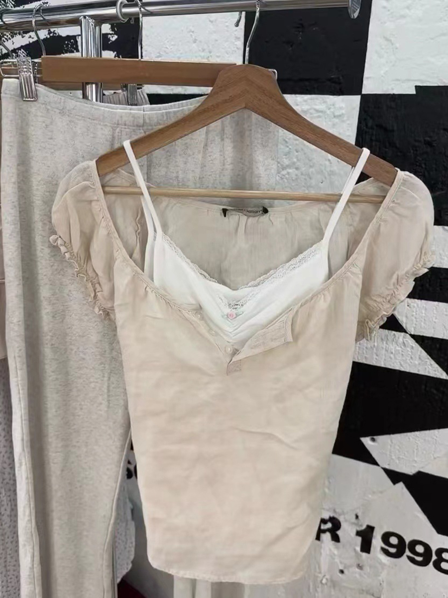 Gule t-shirts med snøre og flæseærmer til kvinder, sommer, enkle, afslappede, hør-bomuld, u-hals, knapper, søde, preppy-stil t-shirts: Khaki