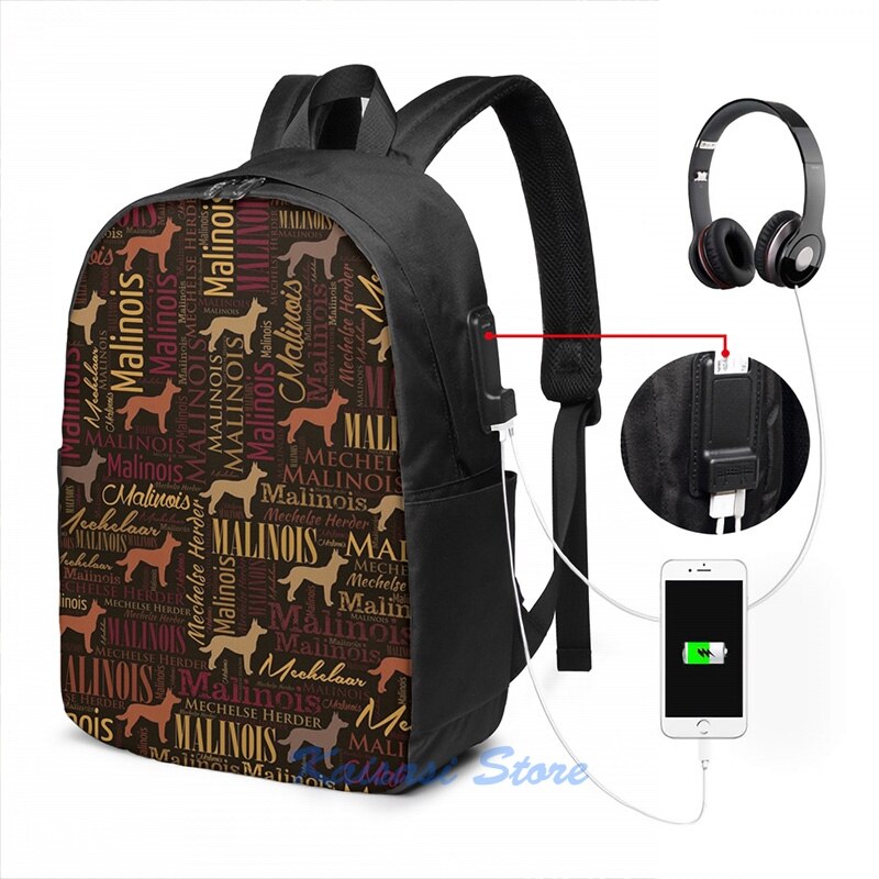 Belgische Malinois Hond Woord Art Patroon Usb Lading Rugzak Mannen Schooltassen Vrouwen Tas Reizen Laptoptas