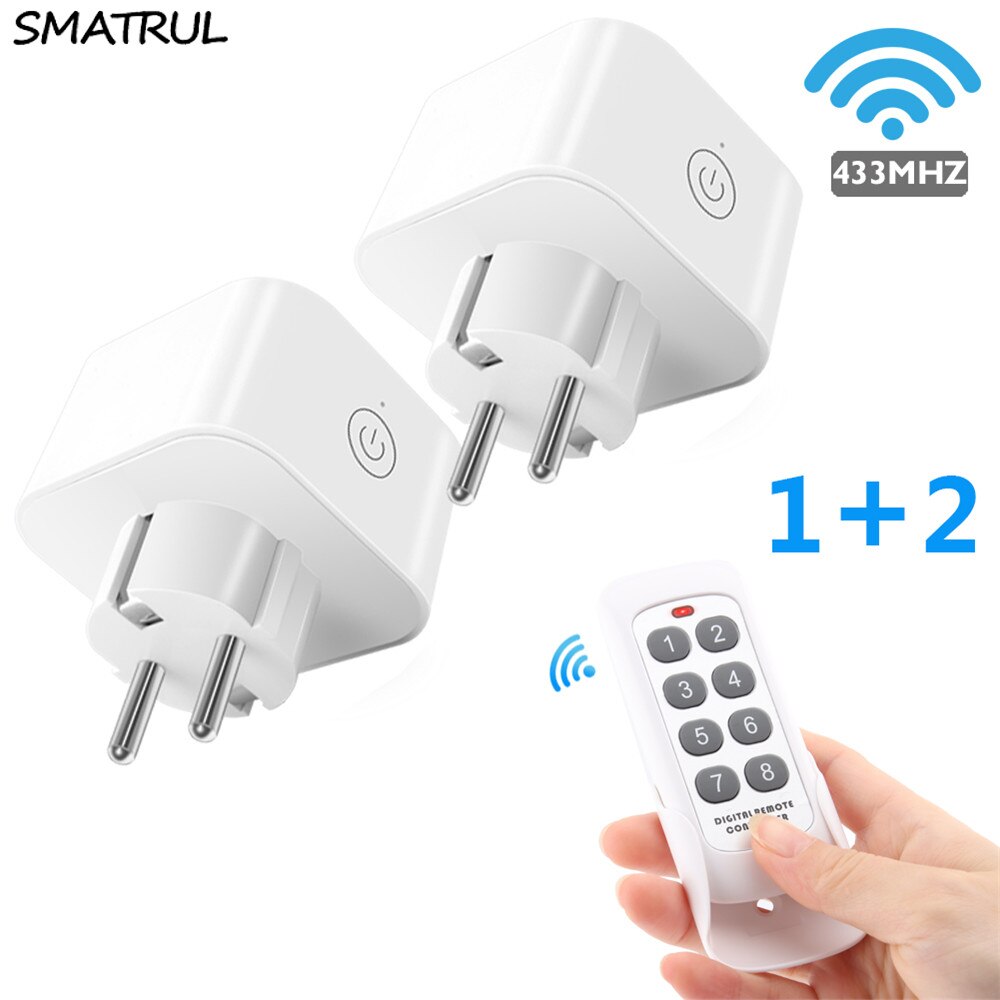 SMATRUL 8 Keys Wireless Remote Control Smart Socket EU Plug Wall 433mhz Programmable Electrical Outlet Switch 220v 230v LED: 1 remote 2 socket EU