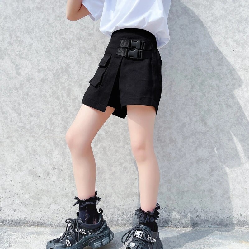 New summer teenage Girls pantaloncini con cintura neri a vita alta pantaloncini neri in cotone per bambini con cintura per 5 6 7 8 9 10 11 12 13 14 anni